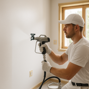 Een professional spuit met een airless verfspuitapparaat witte latexverf op een gladde muur in een woning, met afplakken van kozijnen en beschermde meubels in een goed verlichte kamer.