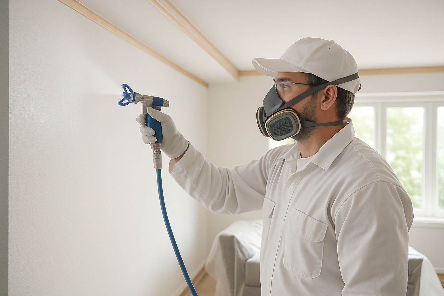 Professionele schilder spuit latexverf met een airless spuitapparaat op een strak voorbereide witte muur en plafond in een modern interieur, met afplaktape en beschermende vloerbedekking zichtbaar.