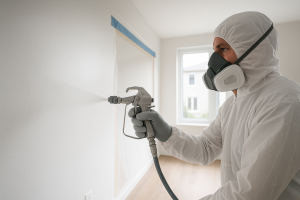 Een professional spuit met een airless verfspuit witte latexverf op de gladde muren en het plafond van een lichte nieuwbouwwoning. De ruimte is afgeschermd met afplaktape en plastic om een strak resultaat te garanderen.
