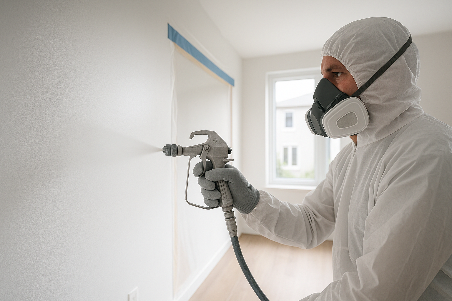 Een professional spuit met een airless verfspuit witte latexverf op de gladde muren en het plafond van een lichte nieuwbouwwoning. De ruimte is afgeschermd met afplaktape en plastic om een strak resultaat te garanderen.