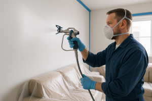 Een professionele schilder spuit latexverf met een airless spuitapparaat op een wit voorbereide muur in een modern interieur, met meubels afgedekt en randen afgeplakt voor een strak resultaat.