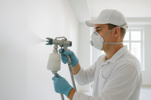 Een professionele latexspuiter die in beschermende kleding en masker een verfspuit gebruikt om een muur egaal en strak te bespuiten in een heldere, moderne kamer zonder zichtbare verfbanen.