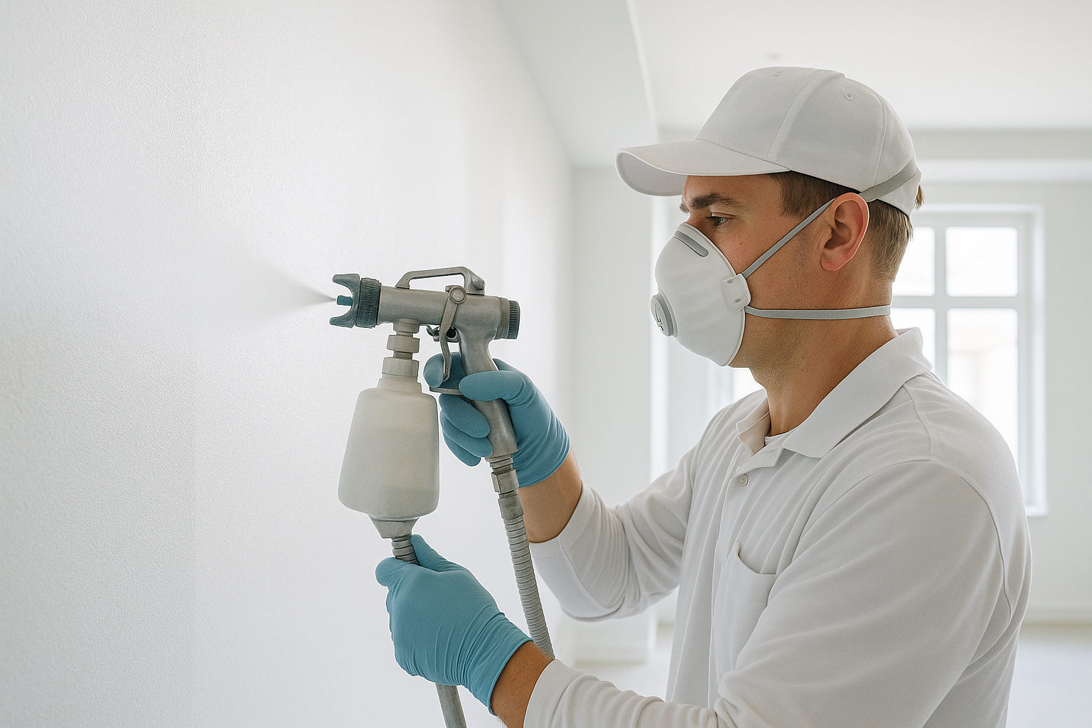 Een professionele latexspuiter die in beschermende kleding en masker een verfspuit gebruikt om een muur egaal en strak te bespuiten in een heldere, moderne kamer zonder zichtbare verfbanen.